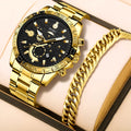 Gold-coloured men's business watch with stainless steel strap and calendar display