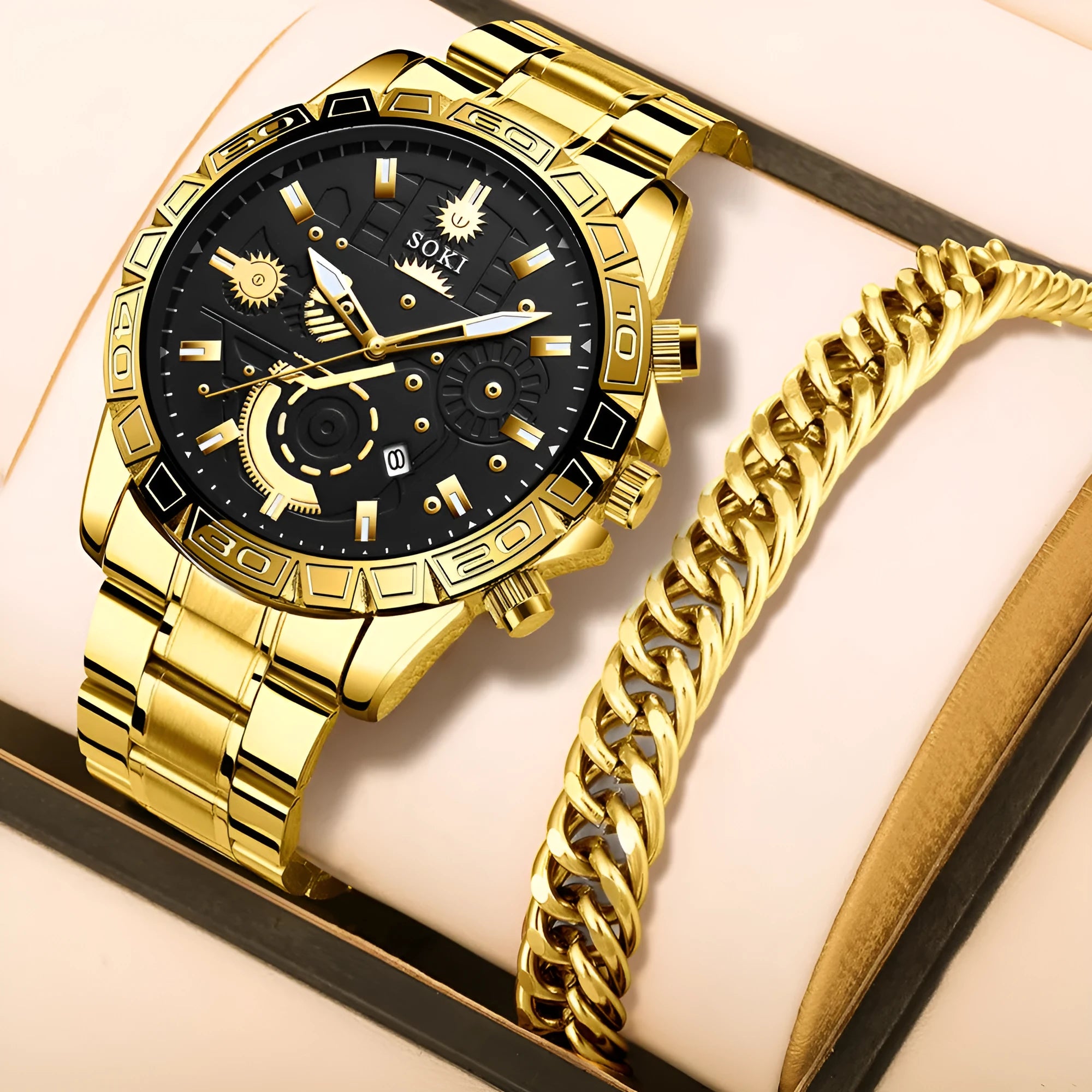 Gold-coloured men's business watch with stainless steel strap and calendar display