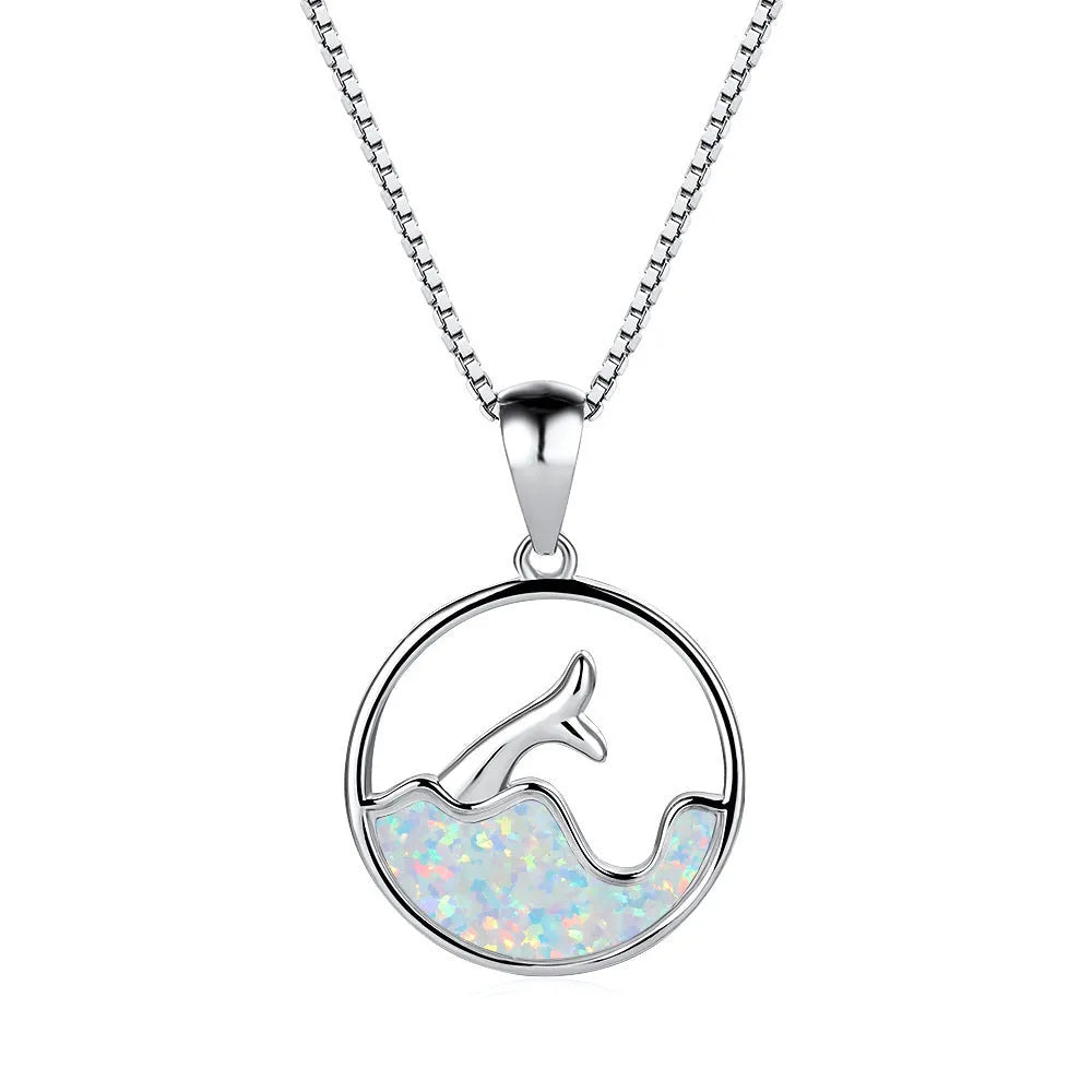 White gold electroplated copper fishtail necklace with geometric round pendant design