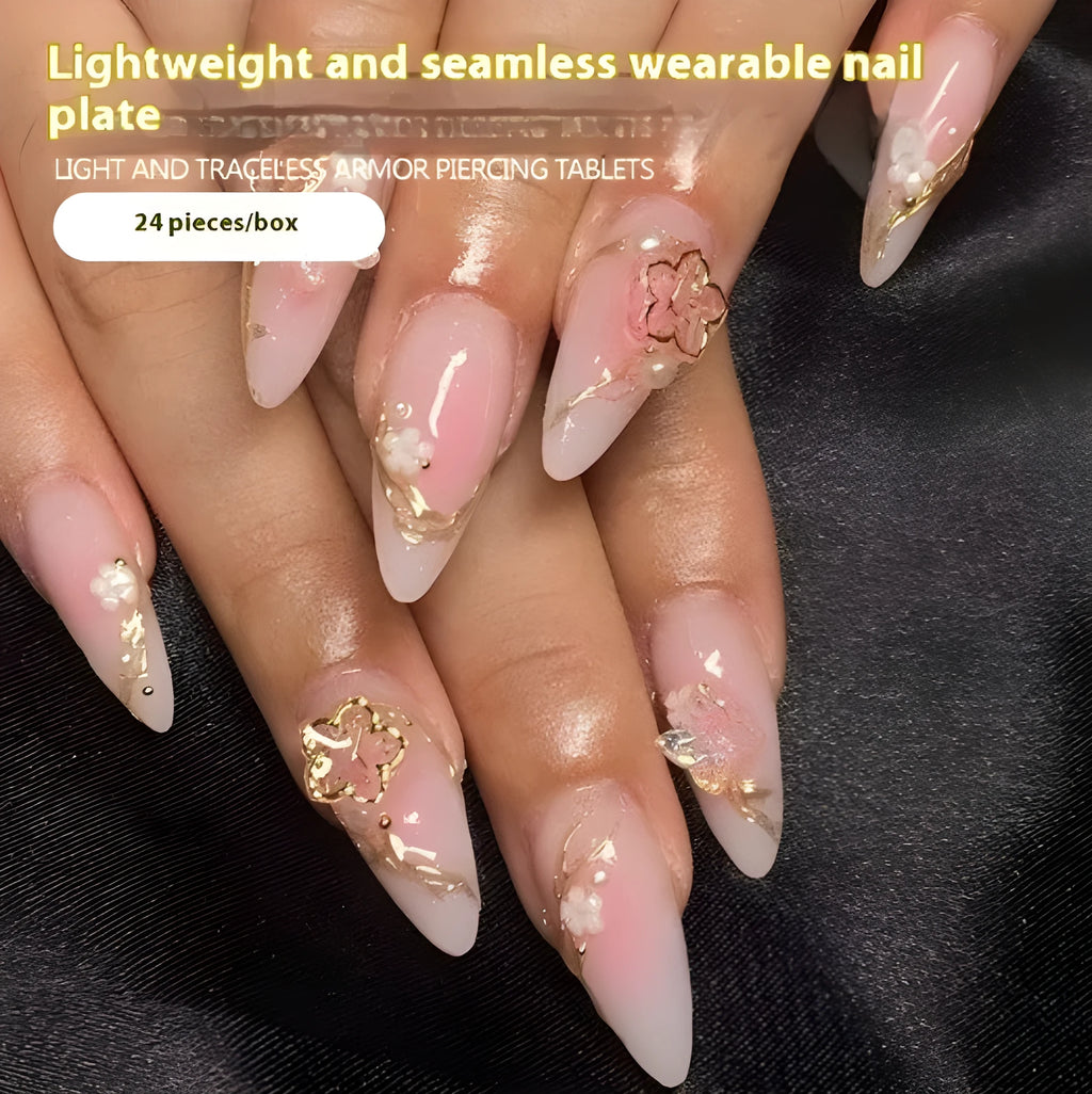 24 wearable nail tips in gold silk butterfly gradient with flower and starry sky patterns, medium almond shape