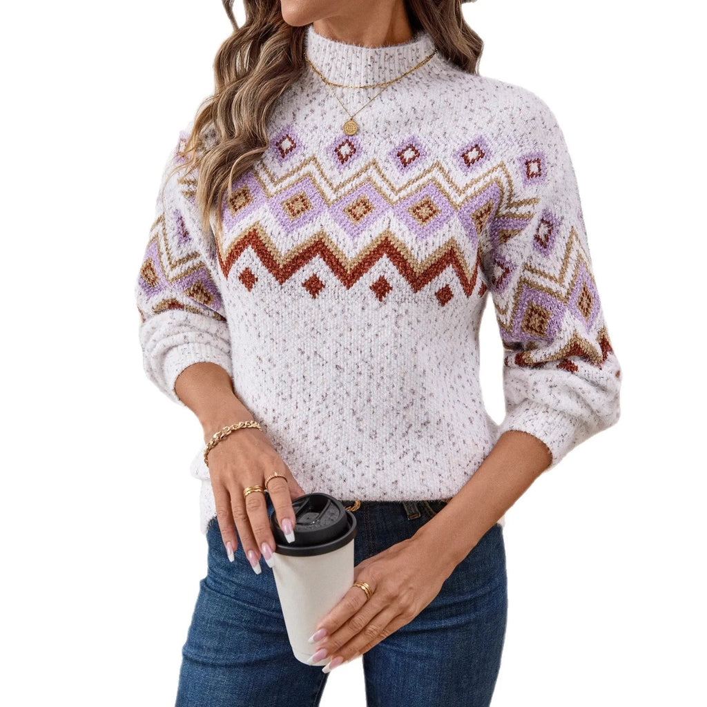 Women's white thick chenille half turtleneck sweater with geometric jacquard pattern, loose fit