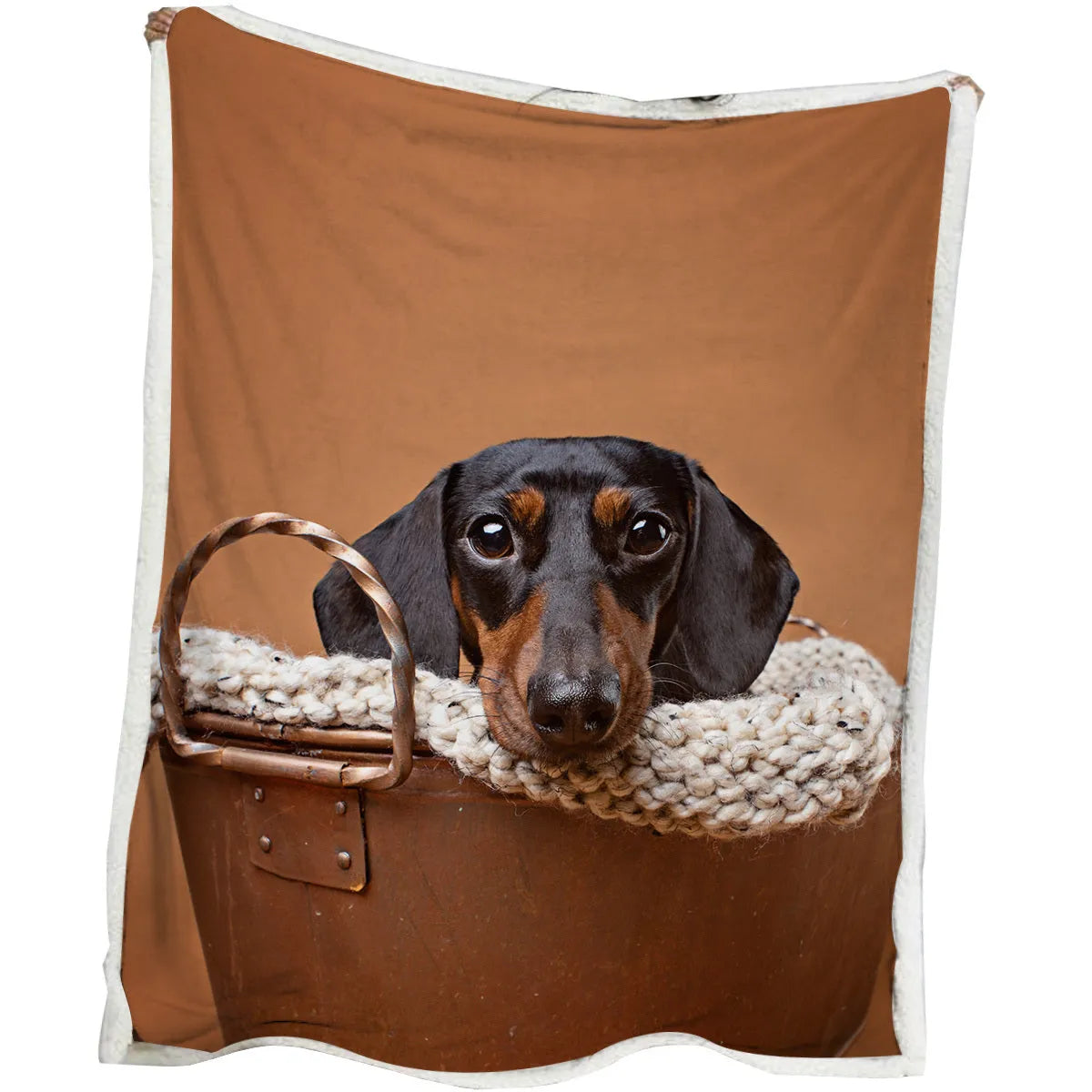 Brown sausage dog themed lamb wool blanket folded on a sofa, 130x150cm size