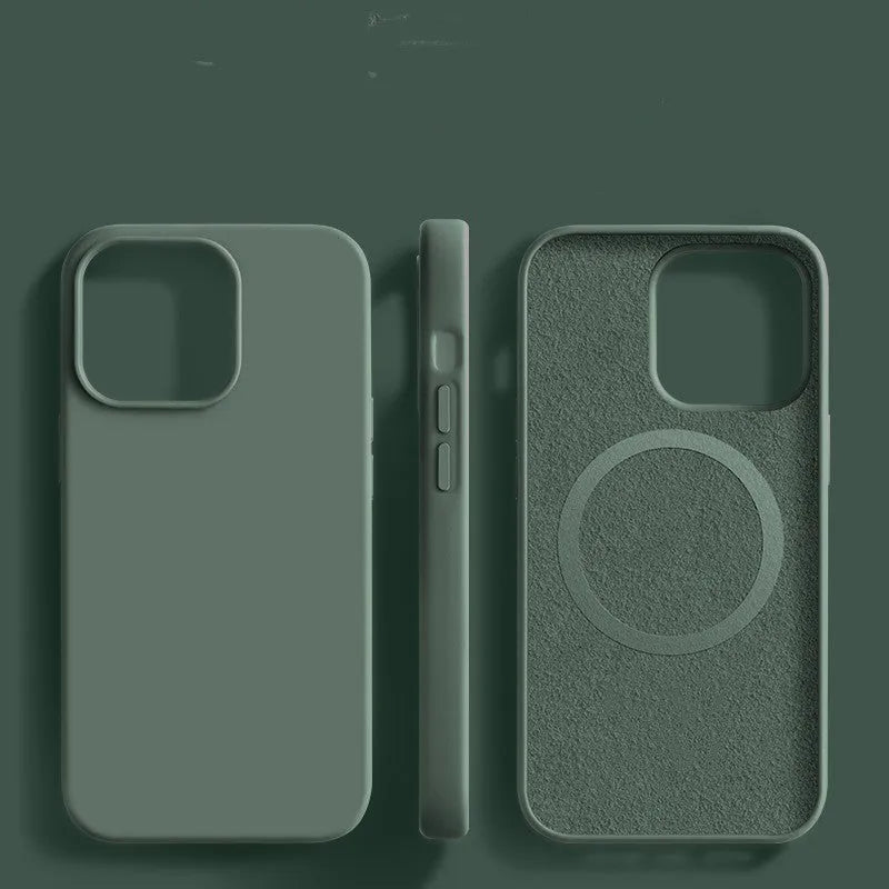 Liquid silicone magnetic phone case with frosted laser finish for iPhone 16 series in black