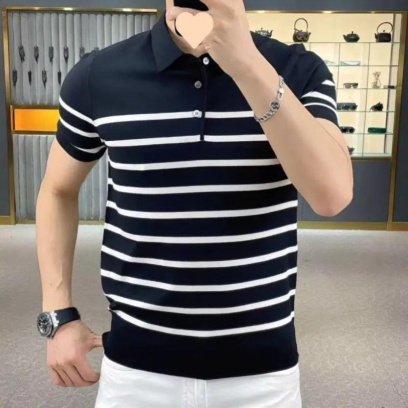 Black and white striped pullover t-shirt on a hanger