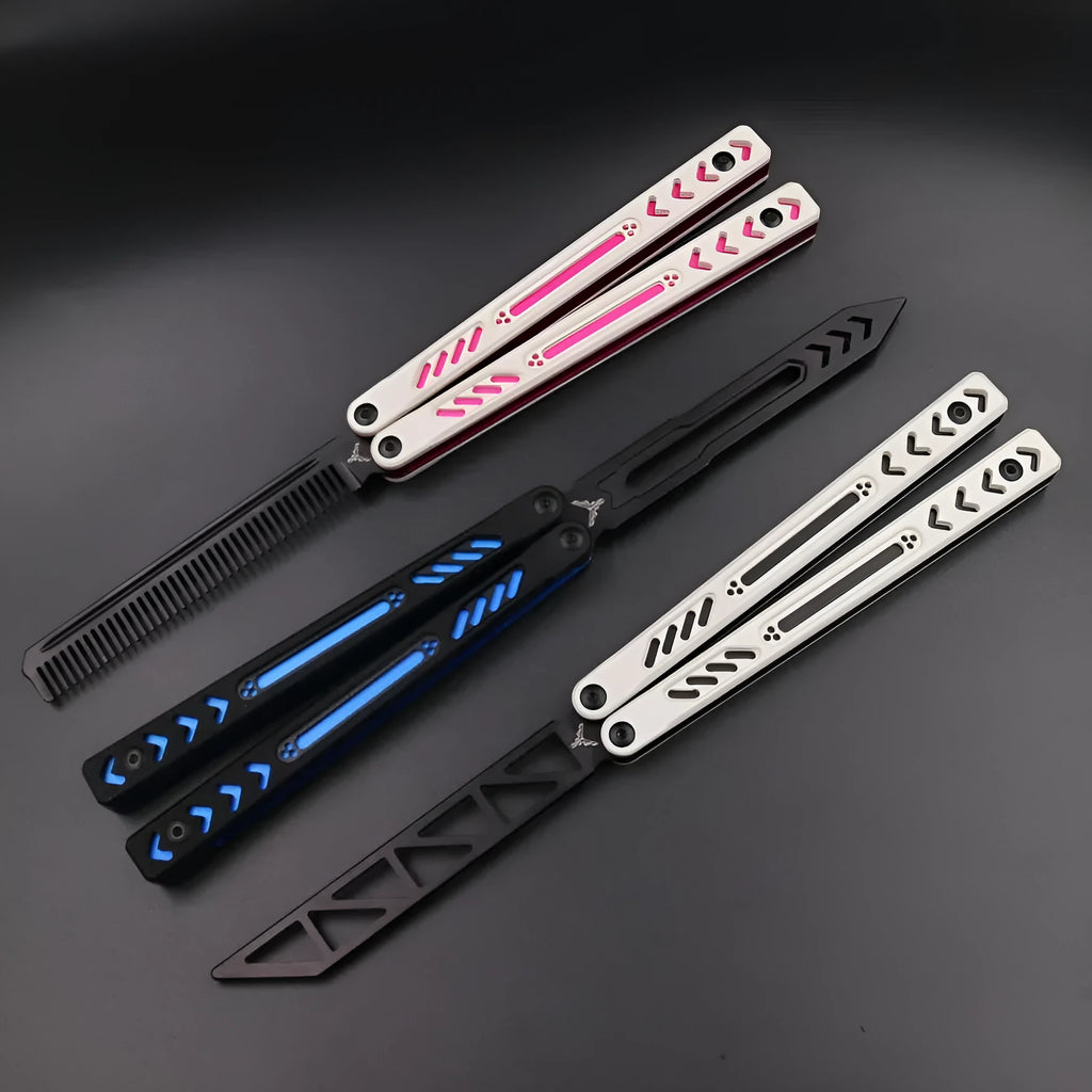 Unbladed ether butterfly knife with G10 anti-slip patch on aluminium handle, view of side profile
