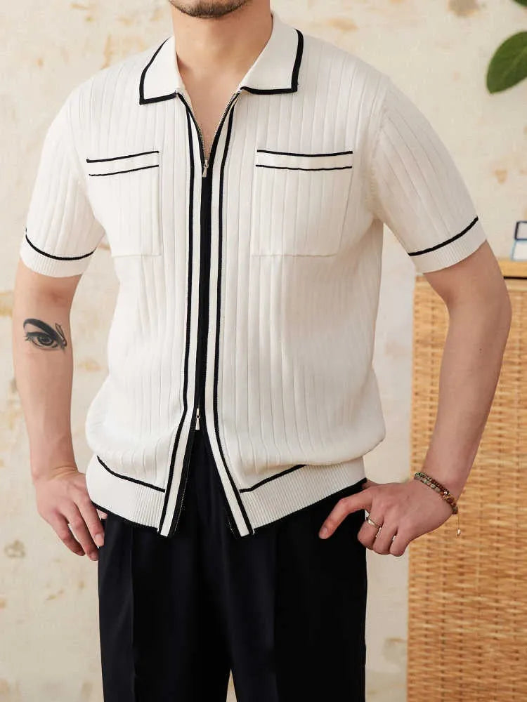Slim elastic short-sleeved polo shirt with lapel collar in black or white colours