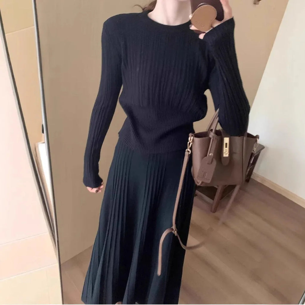 Women's dark grey knitted dress suit set with 3D pattern, artistic retro ethnic style sweater and skirt