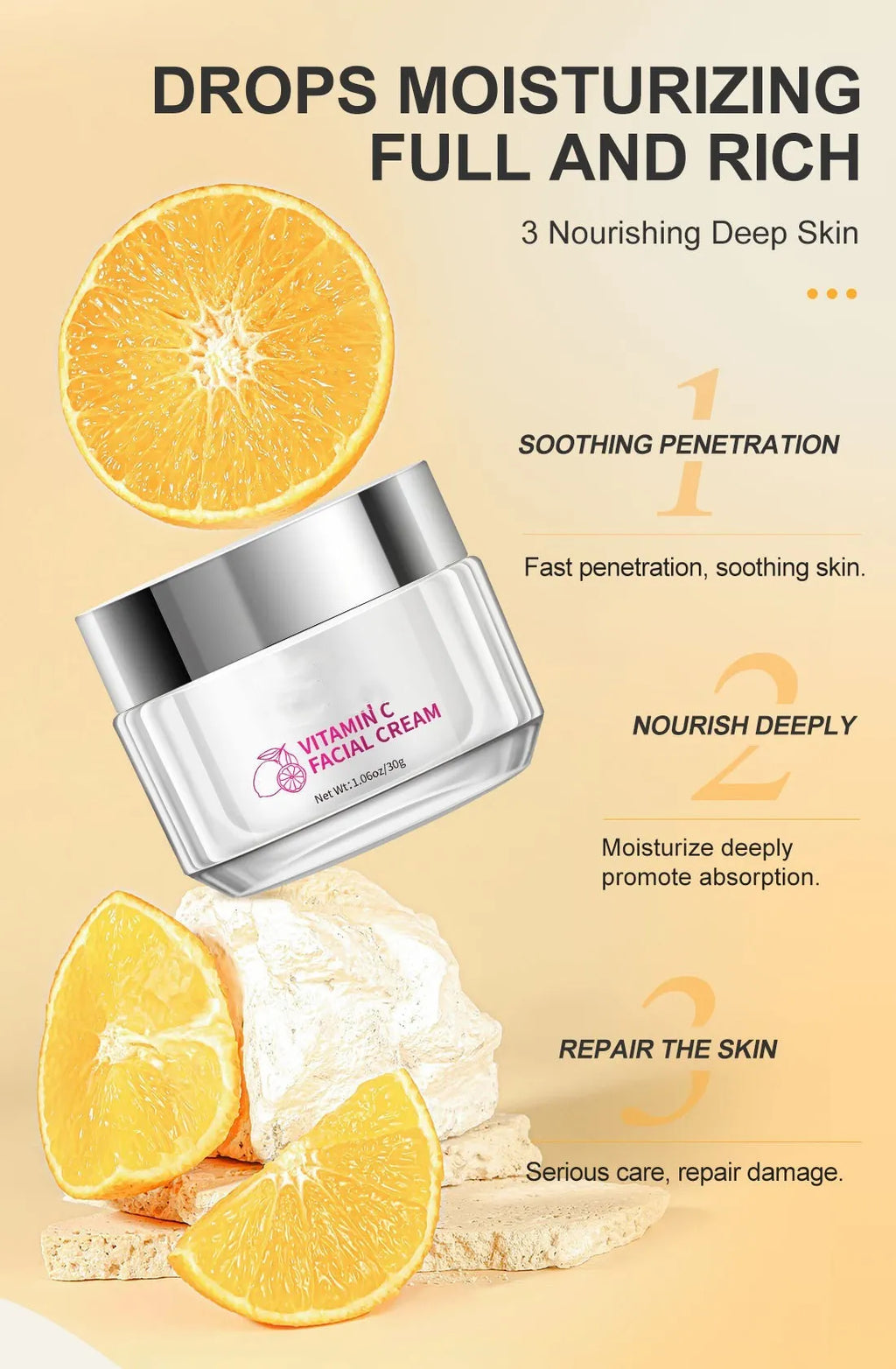 Square white jar of vitamin C face cream, 30g net content, showing product dimensions.