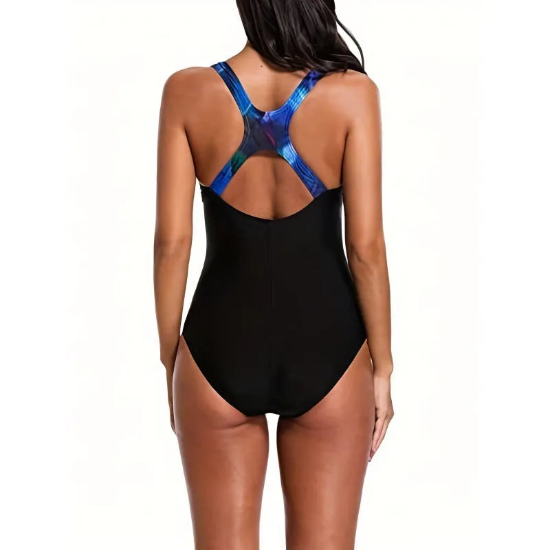 Women's printed one-piece swimsuit with backless cut, spandex lining, floral pattern, sizes S M L