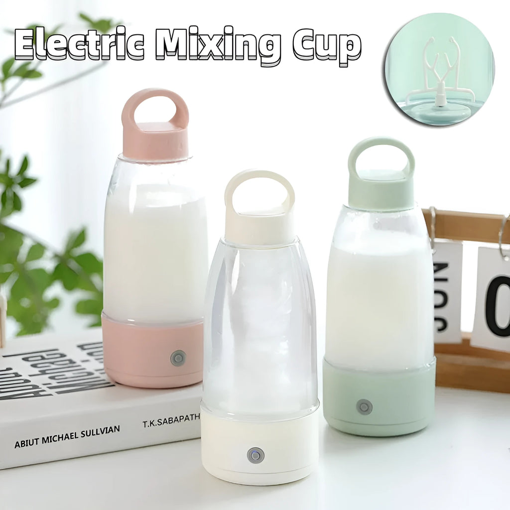 Automatic electric shaker bottle in cream white with USB charging port and handle, 350ml capacity