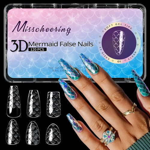 3D scale long shaping nail tips in Frigate box packaging with multiple colour options for nail extension use