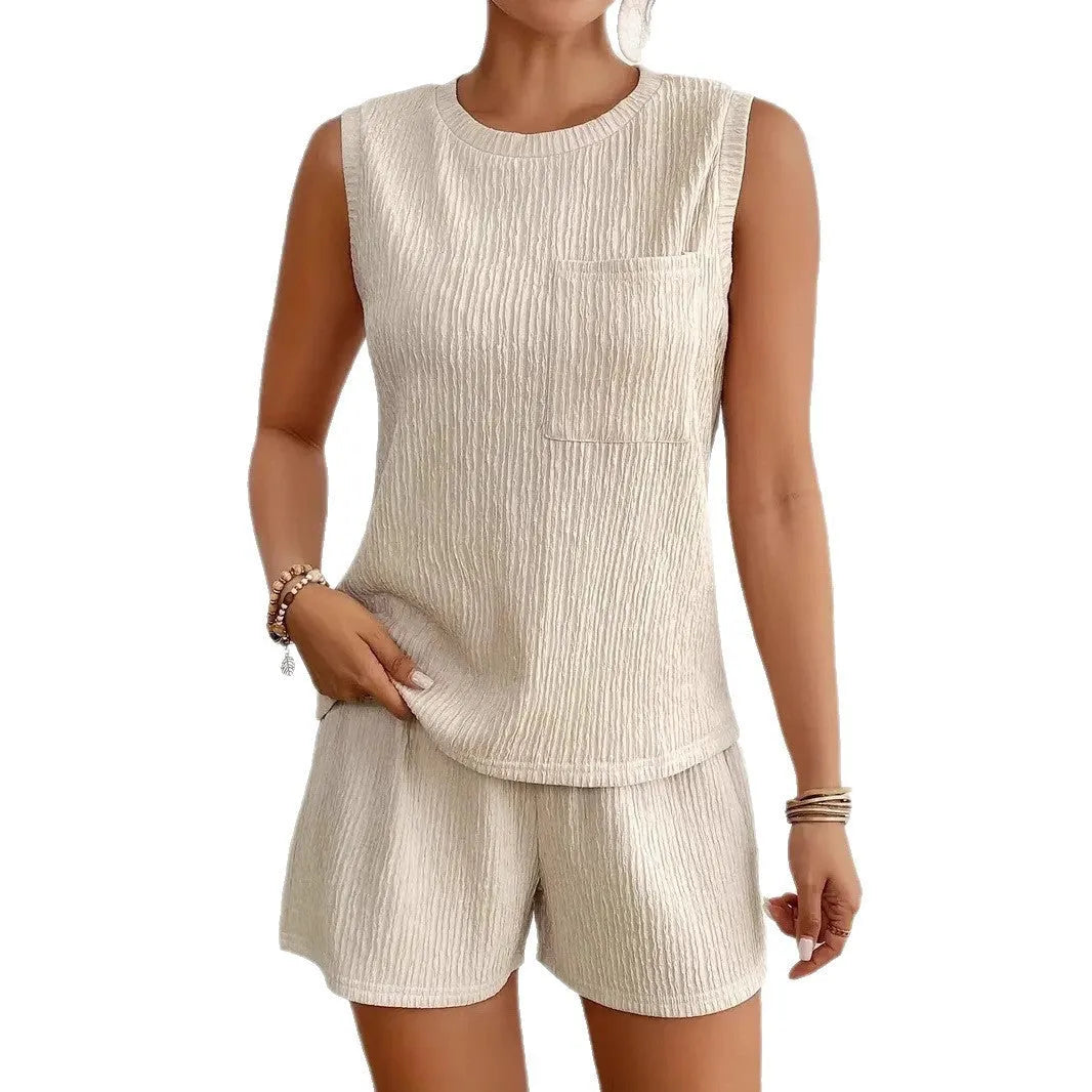 Women's apricot polyester vest and shorts two-piece casual leisurewear set.