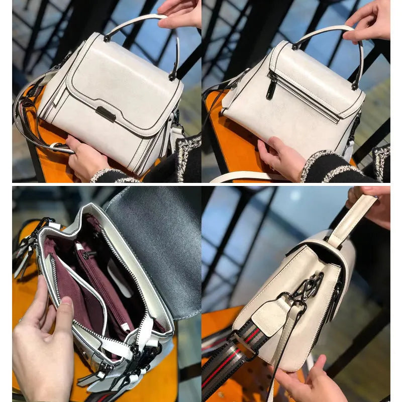 Women's genuine leather retro messenger bag in horizontal square shape with internal organiser pockets