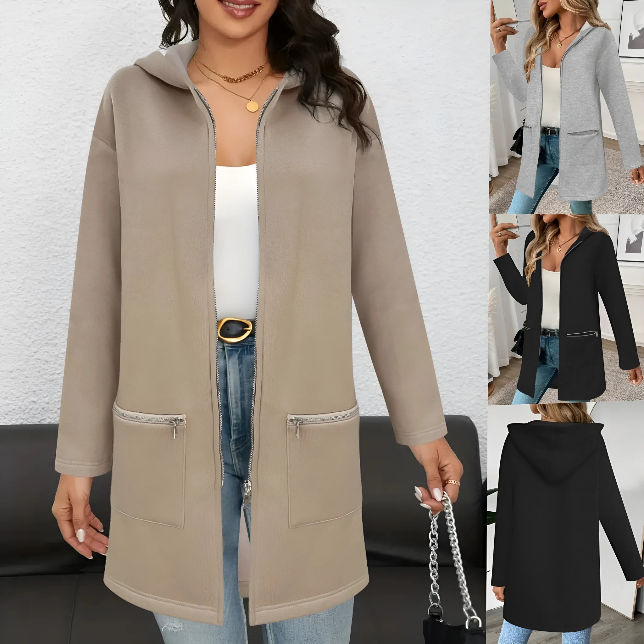 Women's loose casual mid-length cardigan coat in black with side pockets on a model