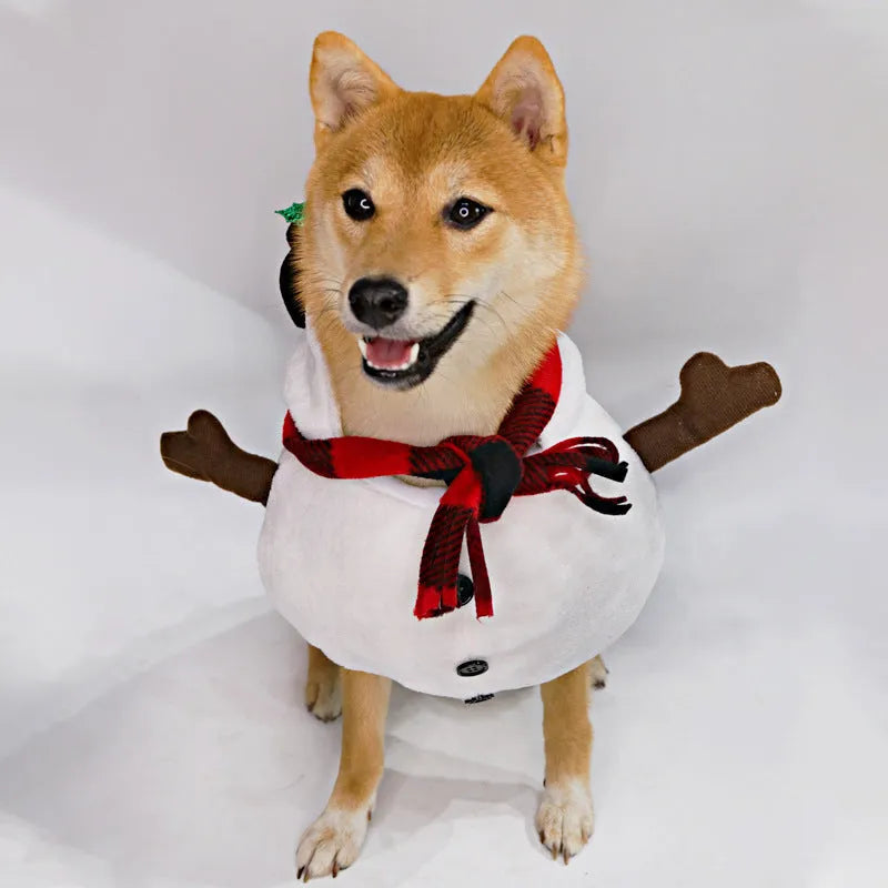Christmas snowman design dog costume made of polyester on a light background, available in sizes S M L XL