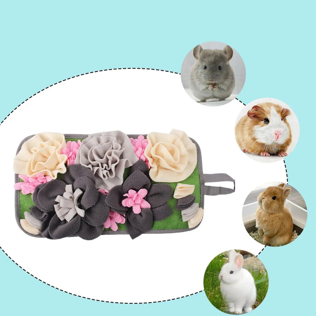Gray square fleece foraging mat for rabbits and guinea pigs with soft strips for hiding treats