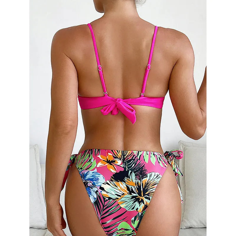 Women's braid rope bikini set in rose red polyester fibre, sizes S to XL, for swimming and water sports