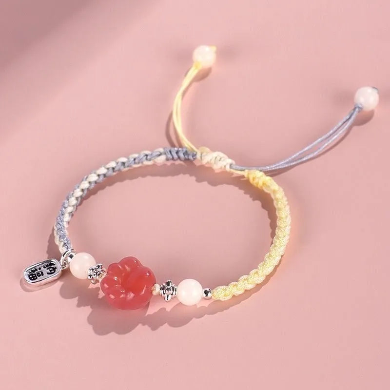 Handmade cat's paw bracelet for couples in glass coloured glaze, woven pastoral style, pink colour option
