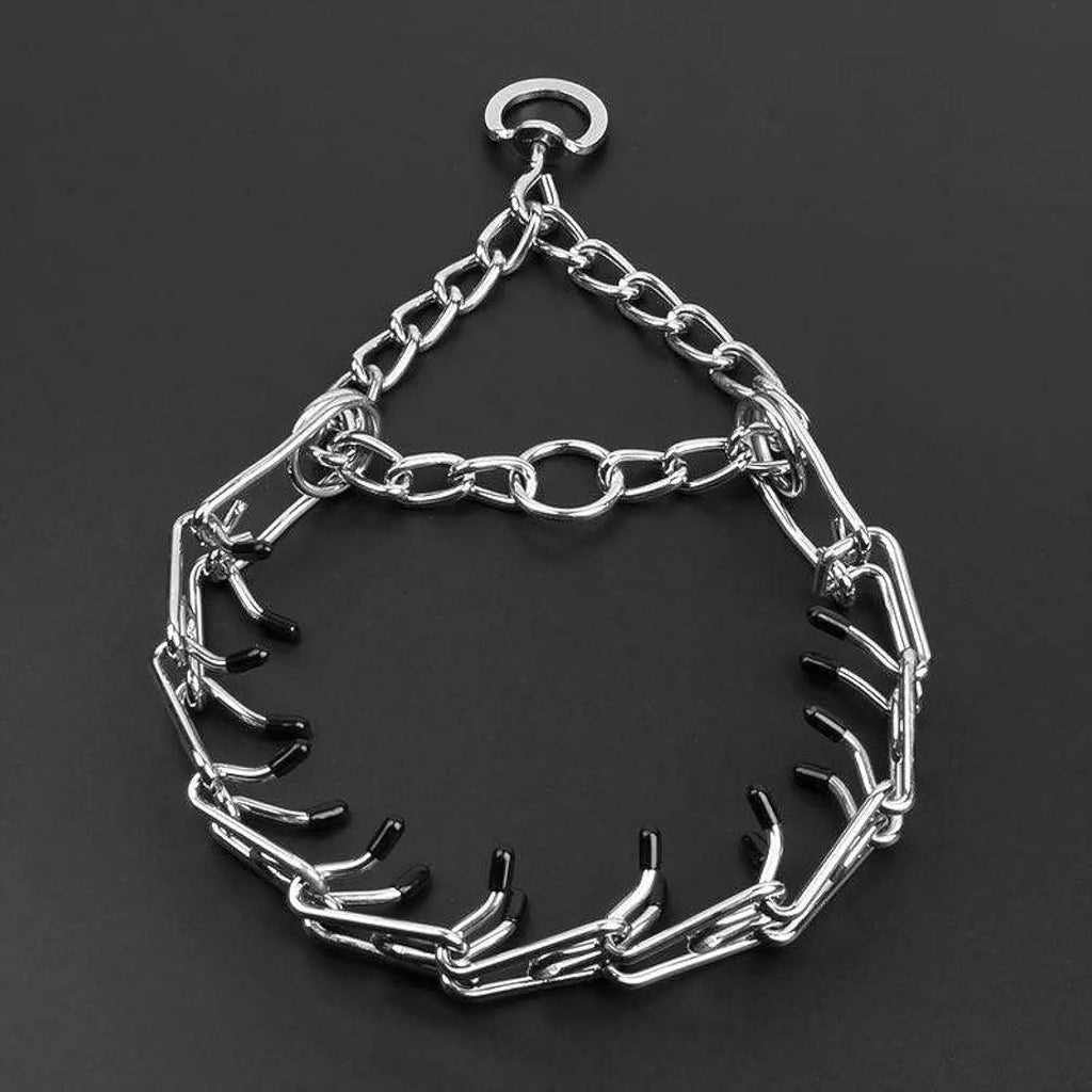 Stainless steel dog prong training collar with black comfort rubber tips on adjustable chain links.