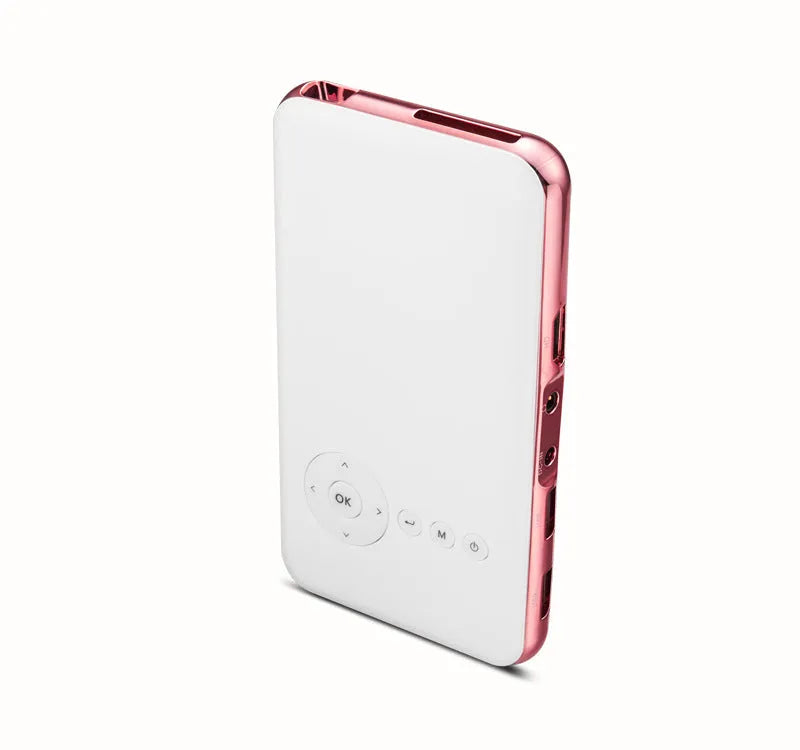 M6S miniature portable smart DLP Android projector in white rose gold showing compact dimensions