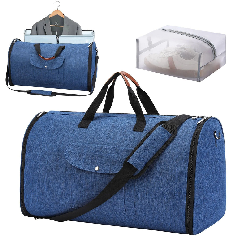 Folding duffel bag with 36-55L capacity in Oxford cloth, shown in dark blue colour.