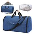 Folding duffel bag with 36-55L capacity in Oxford cloth, shown in dark blue colour.