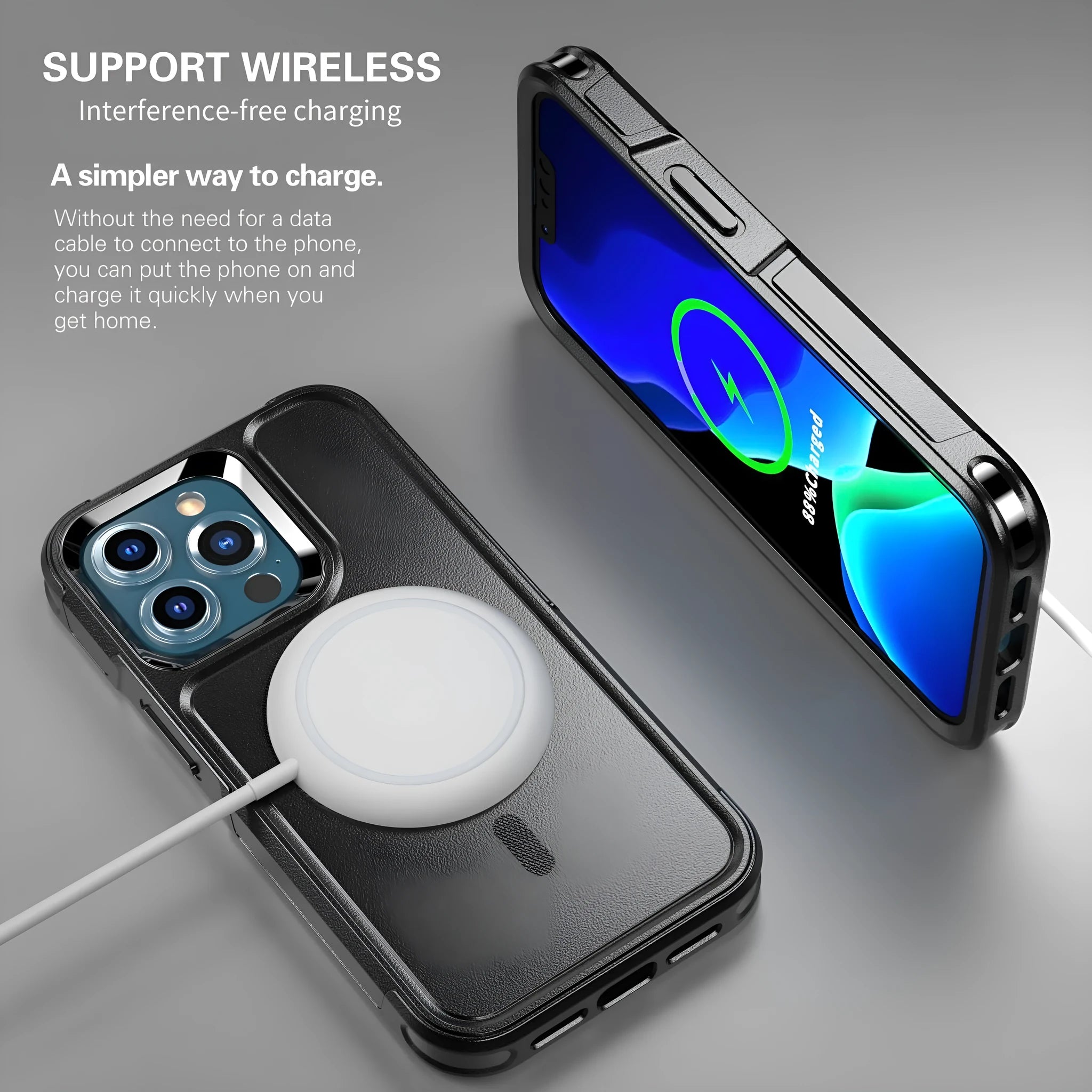 Shatterproof magnetic phone case for iPhone 12 13 series – black PC TPU back cover