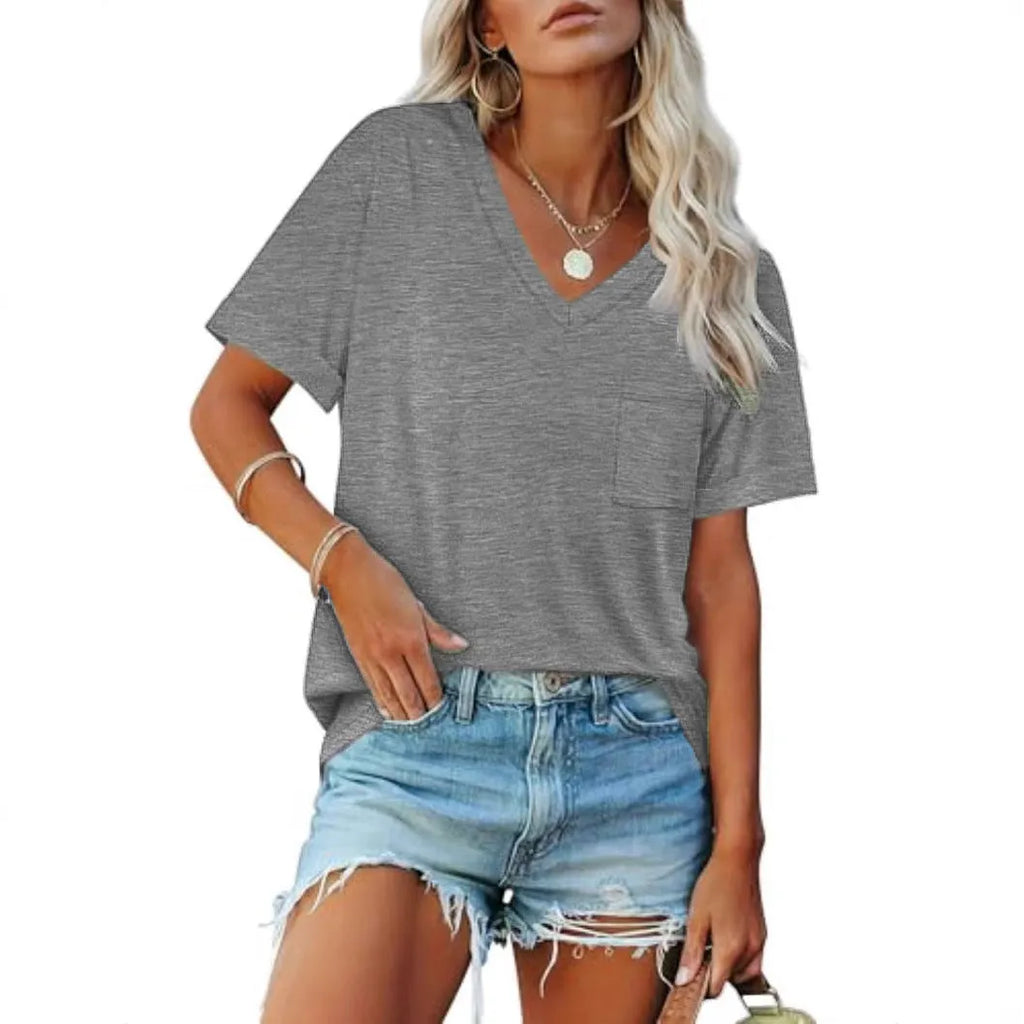 Grey loose fit men's V-neck T-shirt with chest pocket on short sleeves