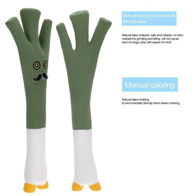 Green cartoon onion-shaped latex dog chew toy on white background