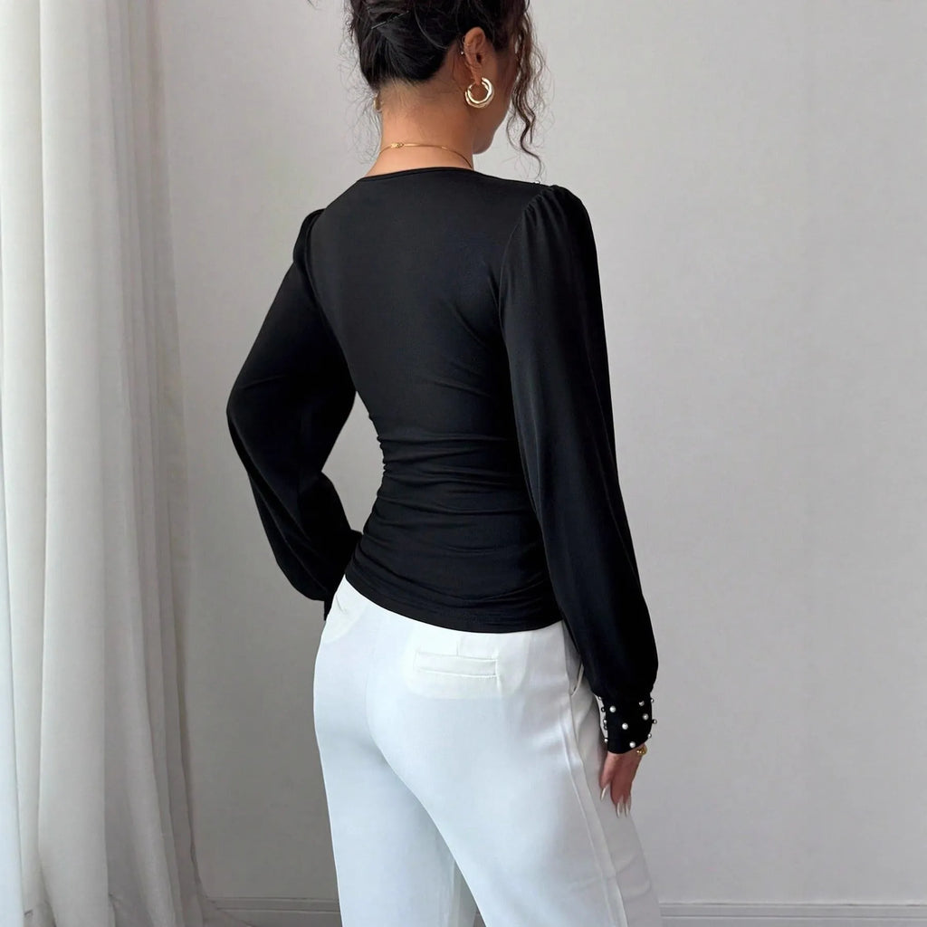 Women's solid colour bell sleeve t-shirt in black, v-neck, fitted polyester