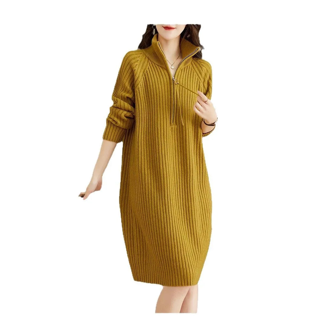 Half zipper loose casual long sleeves stand collar woolen straight dress in solid colour