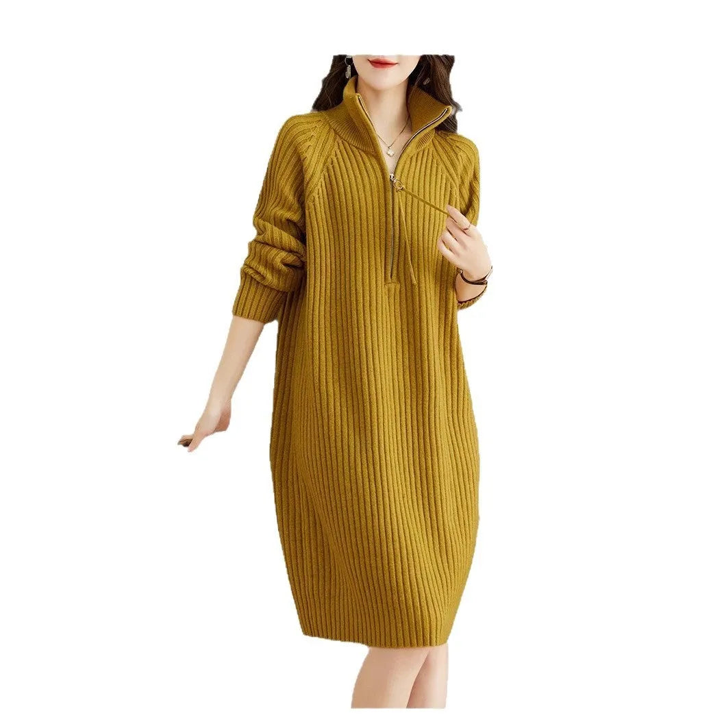 Half zipper loose casual long sleeves stand collar woolen straight dress in solid colour