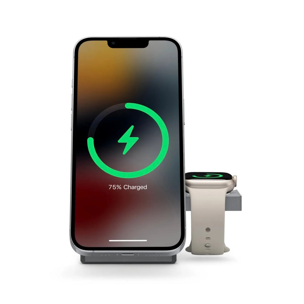 Foldable magnetic suction wireless charger charging iPhone AirPods and Apple Watch 3 on a desk with LED indicator