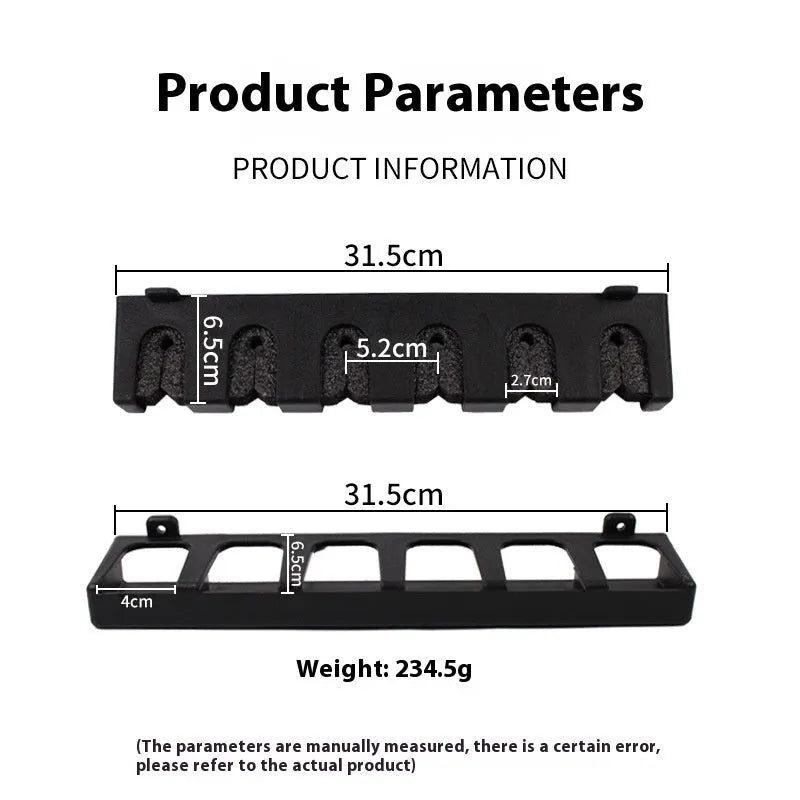 Black ABS plastic wall-mounted fishing rod holder rack shown in upright and horizontal styles.