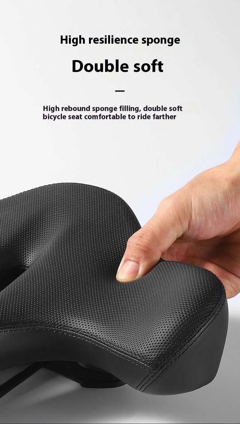 Black bicycle saddle cushion with thick foam padding for shock absorption on mountain bikes