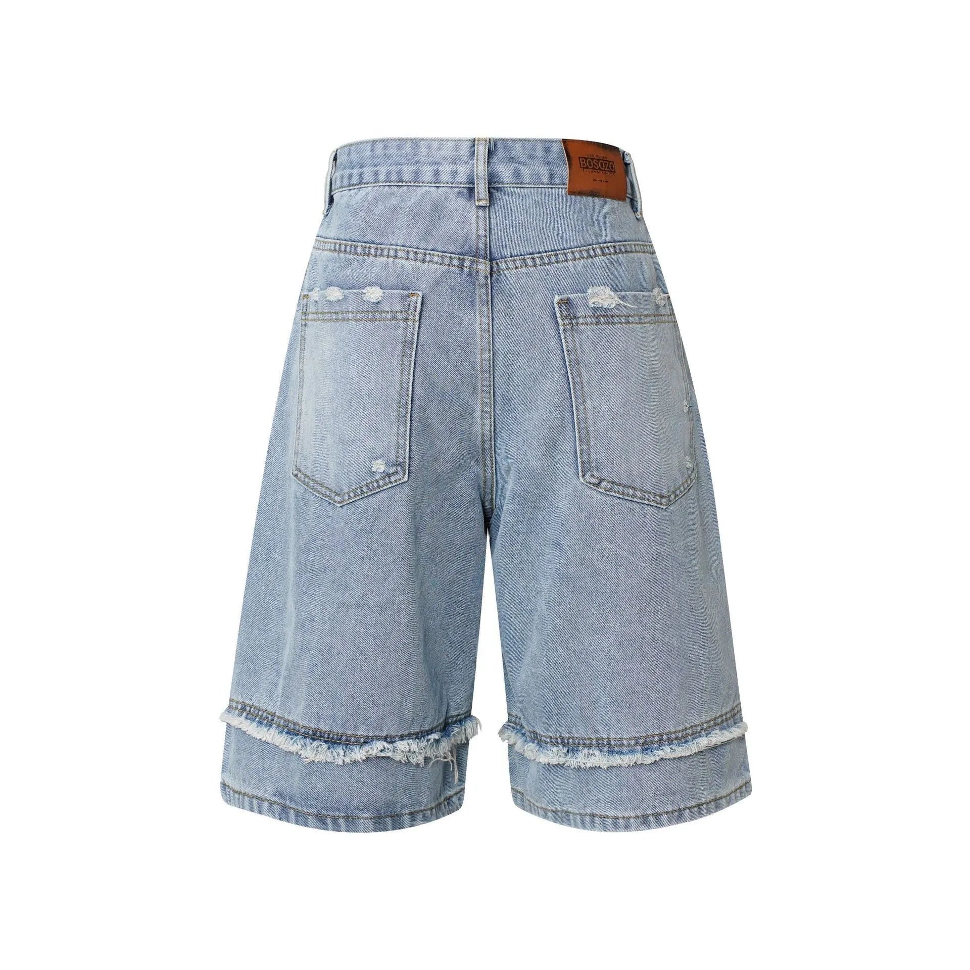 Men's distressed denim shorts with raw edge hem in straight leg cropped cut, available in black, dark blue and light blue