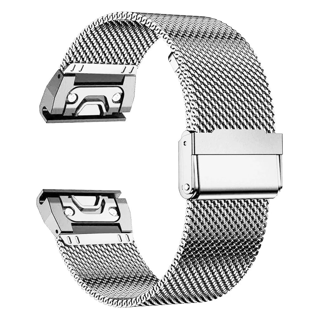Stainless steel Garmin Fenix watch strap with integrated card slot in silver, black, gold, and rose gold finishes.