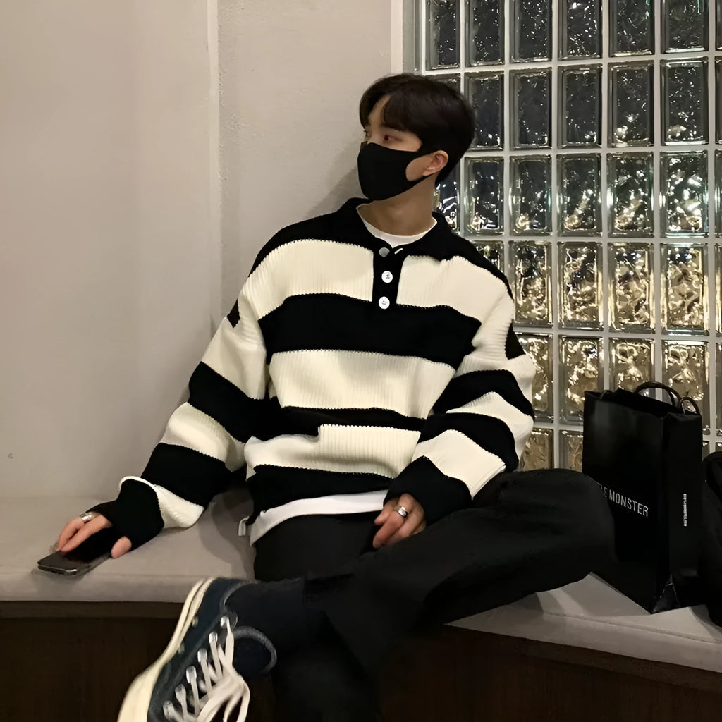 Men's loose striped pullover coat sweater in black, long sleeves, polyester knit, front view