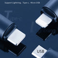Black capsule-shaped infrared remote control with Lightning, Type-C, and Micro-USB ports.