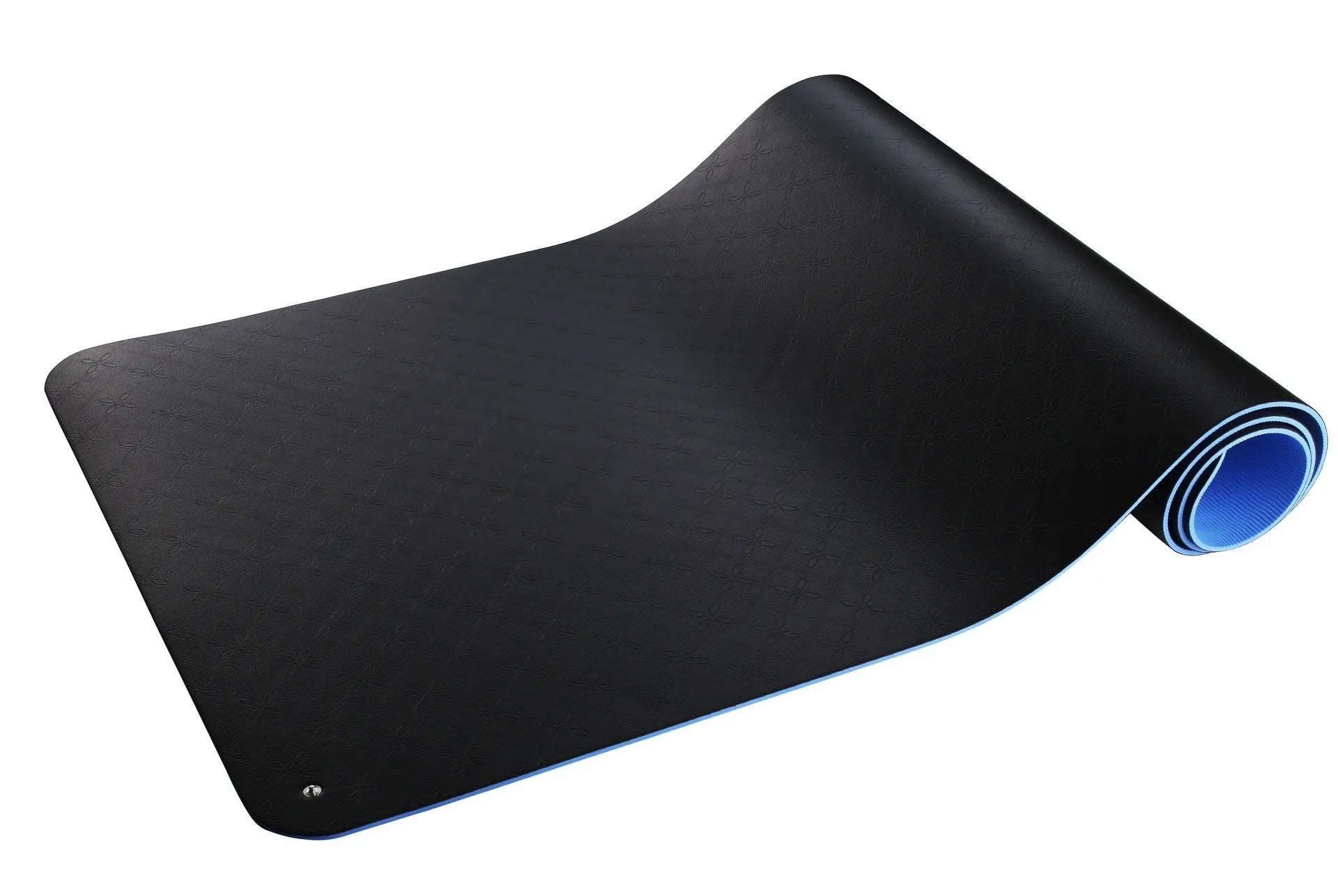Blue conductive grounding yoga mat with plant pattern, showing integrated wire and 182cm length.