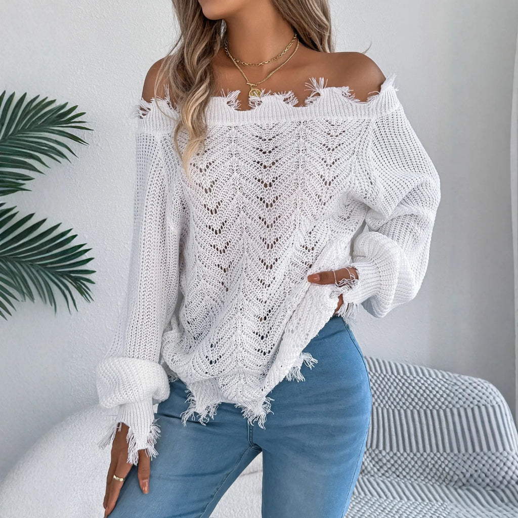 White cut-off-shoulder pullover sweater with hollow-out design and long sleeves