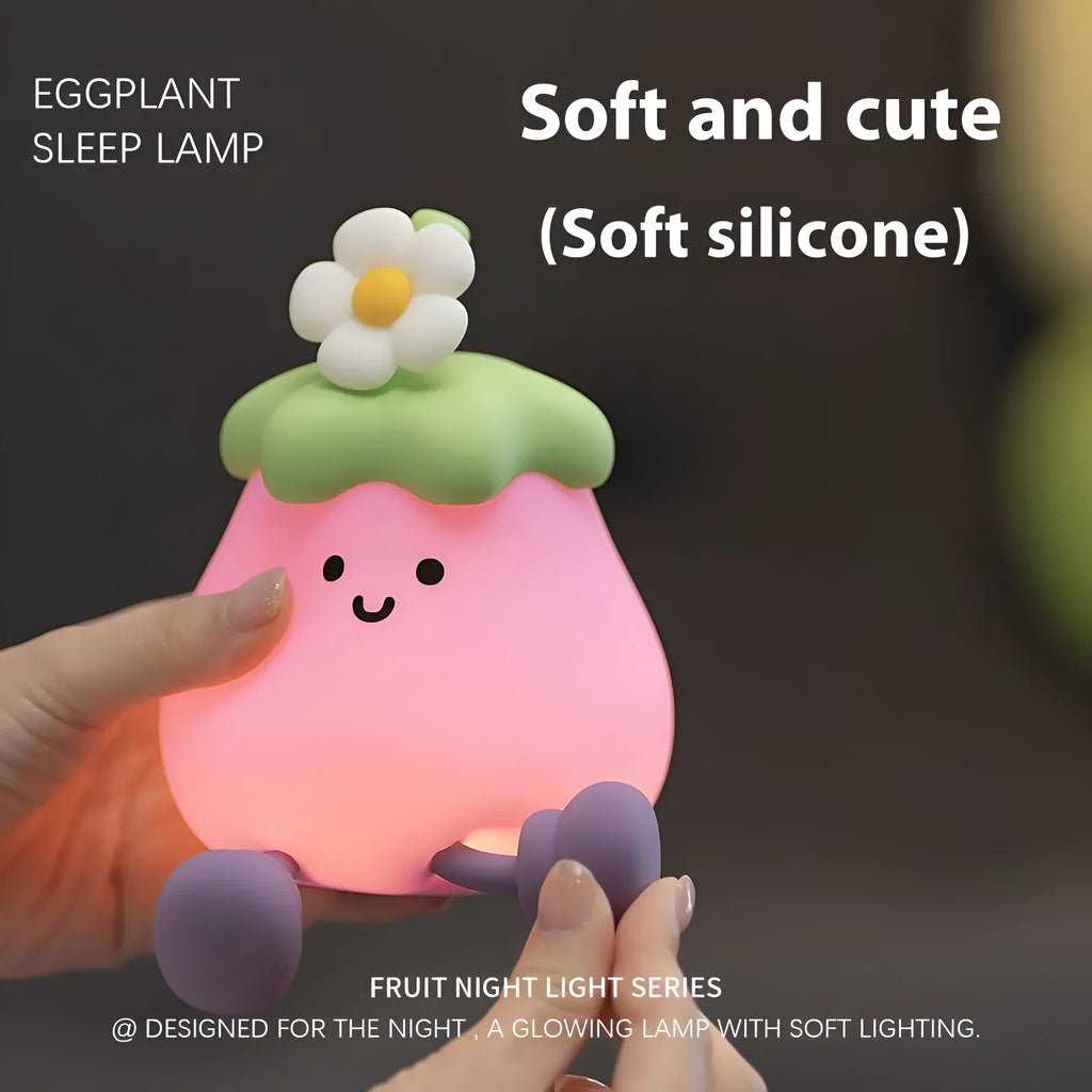 Cartoon eggplant small night lamp with soft yellow light, rechargeable 1200mAh battery, 100x138x130mm size