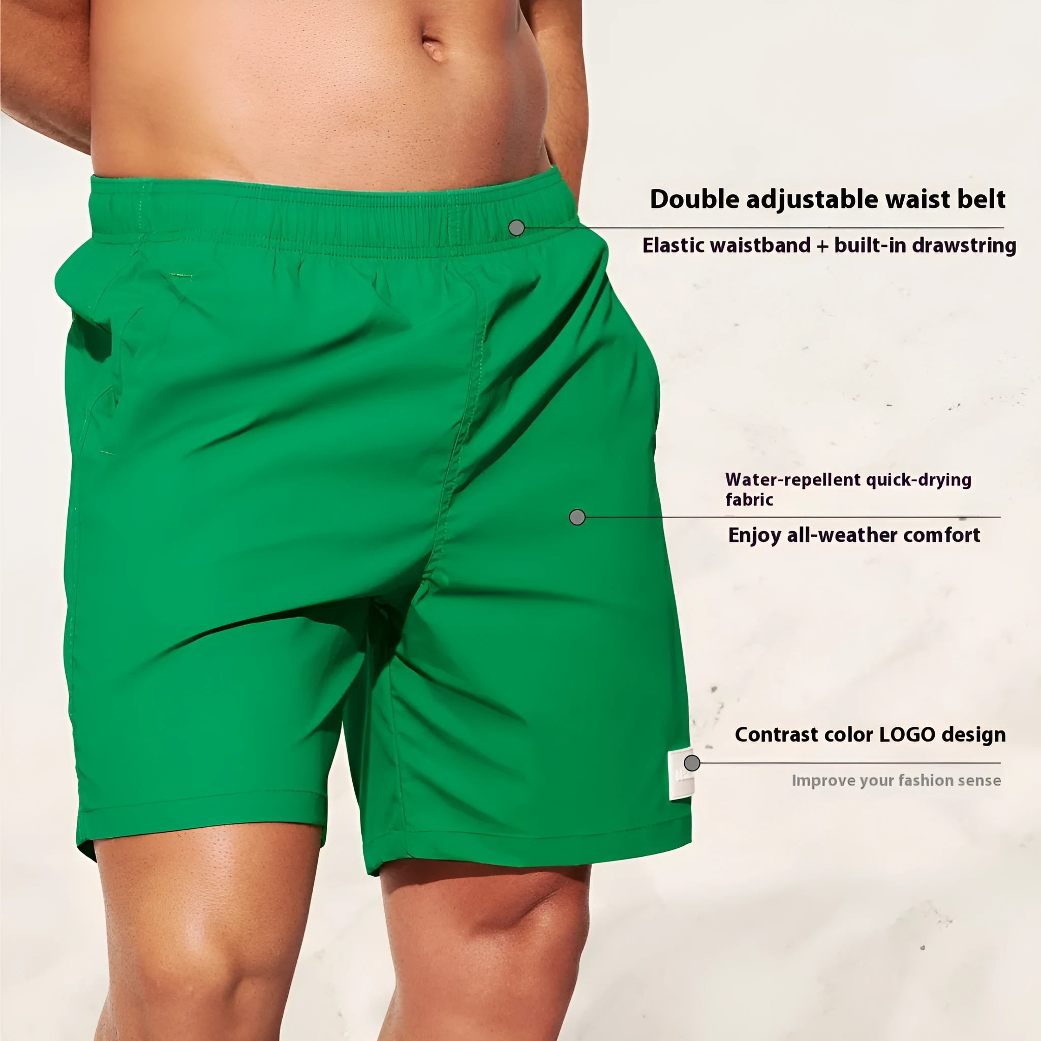 Men's quick-dry nylon swim shorts in solid colours with straight leg opening