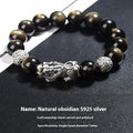 S999 silver natural obsidian bracelet for men with polished geometric beads on leather cord, 12mm size