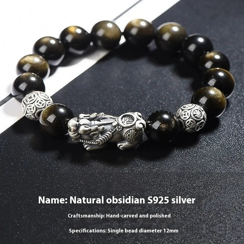 S999 silver natural obsidian bracelet for men with polished geometric beads on leather cord, 12mm size