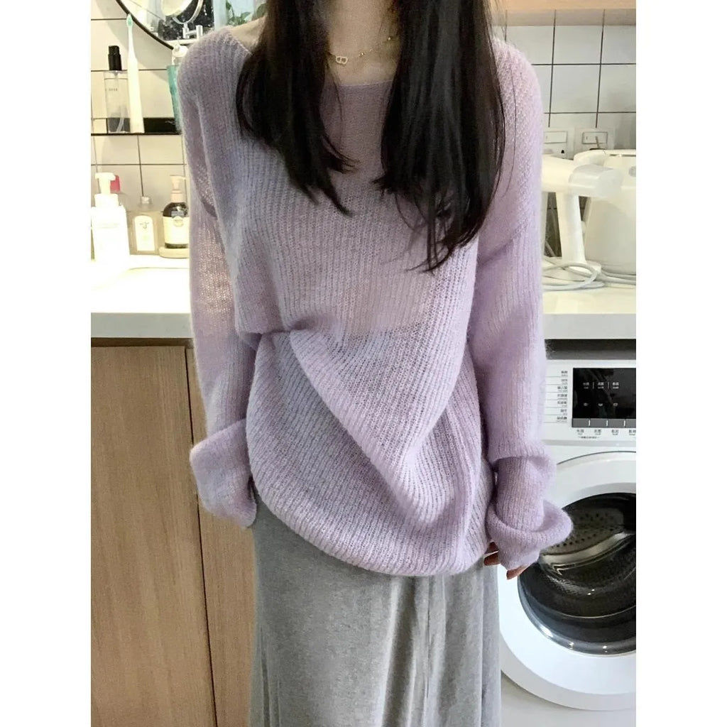 Purple women's ice silk blouse with hollow out pattern and princess sleeves