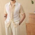 Hollow cotton and linen lapel short-sleeved cardigan knitted top in beige and chocolate colours