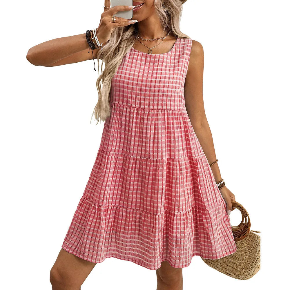 Women's sleeveless plaid dress with high waist and swing skirt in light blue