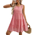 Women's sleeveless plaid dress with high waist and swing skirt in light blue