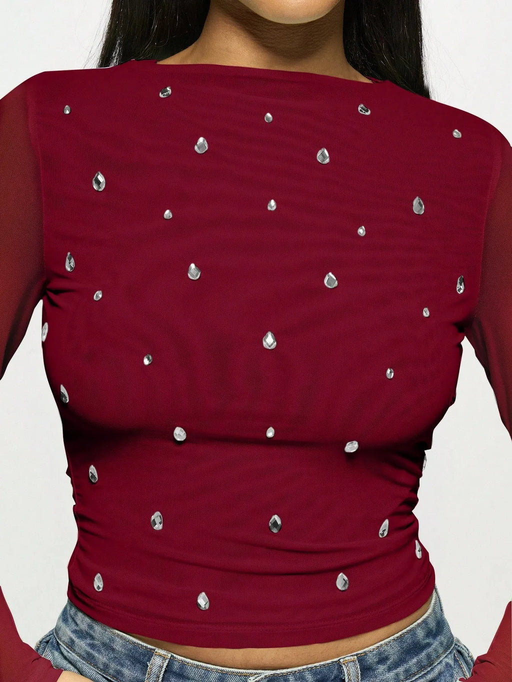Women's wine red double-layer mesh rhinestone long sleeve pullover top side view